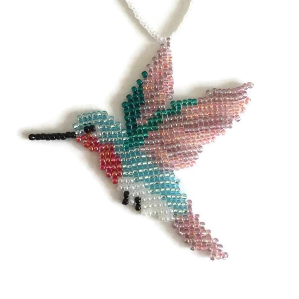 Handmade Light Blue Beaded Hummingbird Ornament